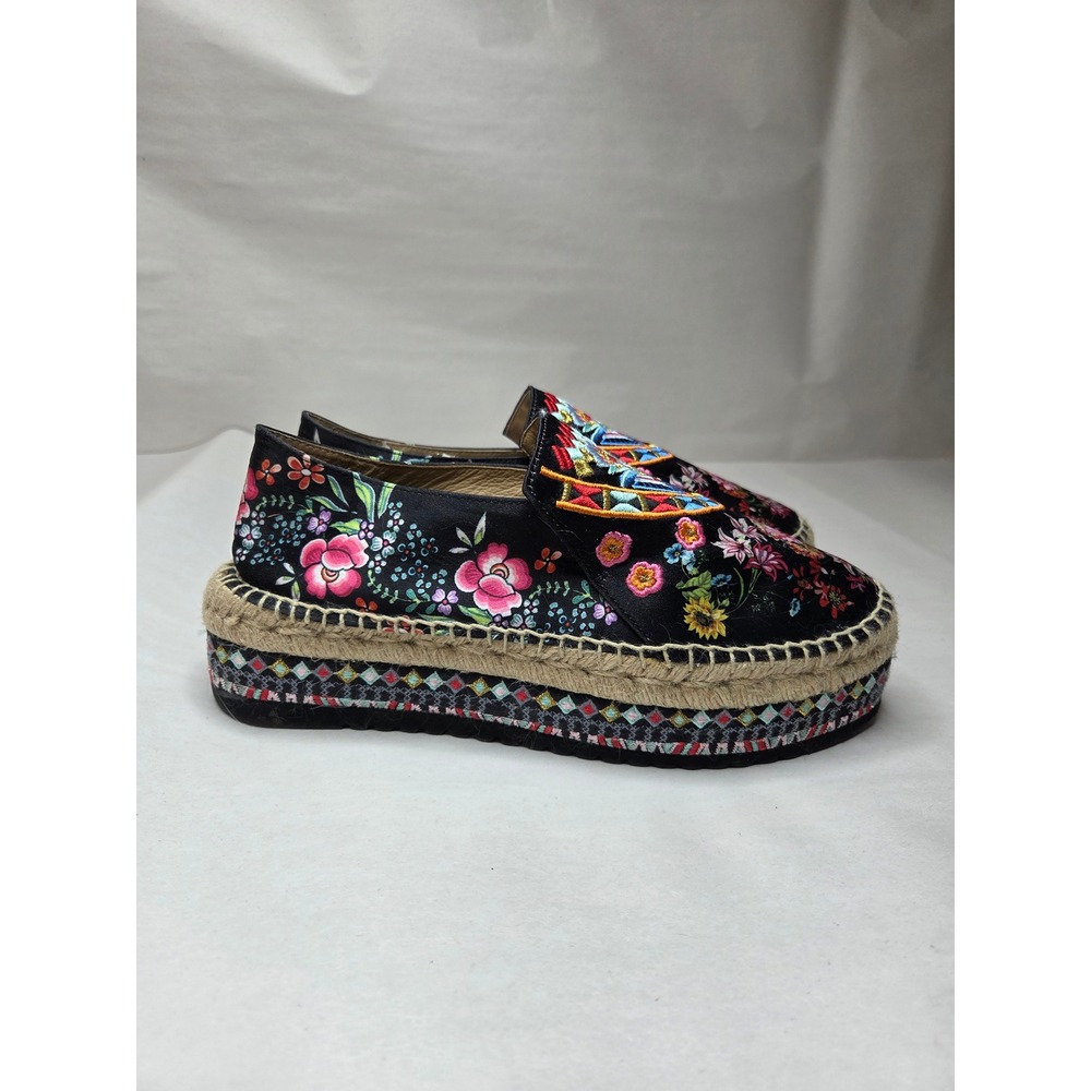 Johnny Was Black Leopard Floral Embroidered Platform Espadrille Shoes Size 9.5 - Picture 4 of 12